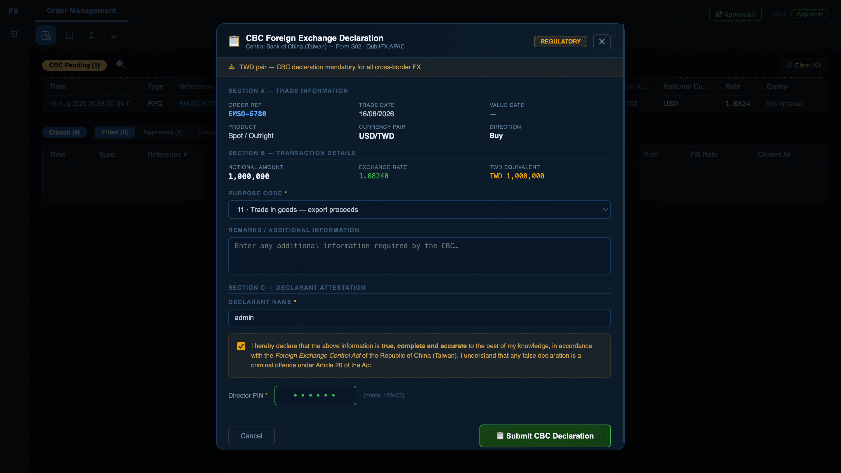 QubitStar CBC foreign exchange declaration form